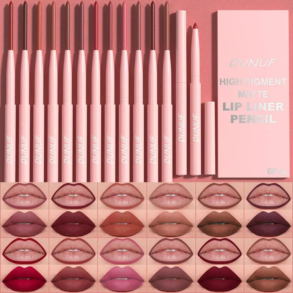Dunuf 6pcs Matte Lip Liner Set Nude Brown Rose Red