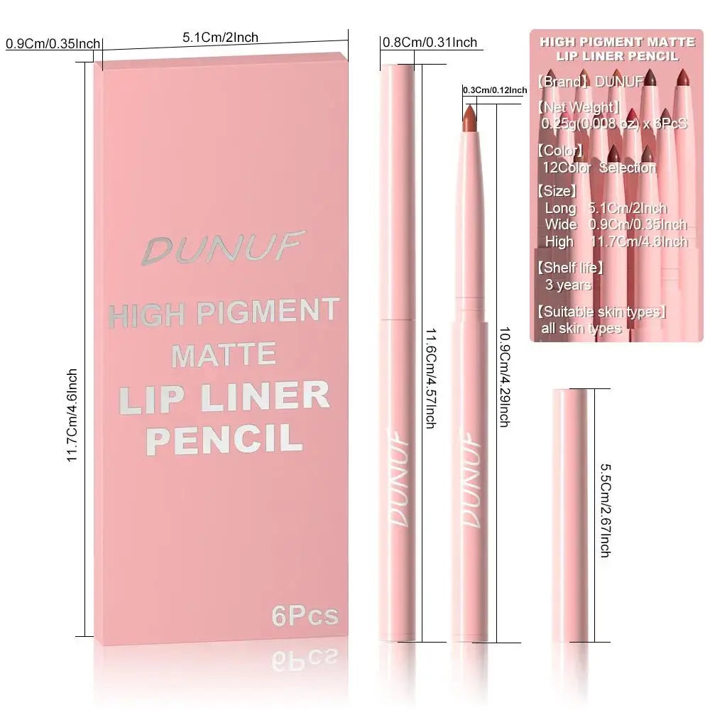 Dunuf 6pcs Matte Lip Liner Set Nude Brown Rose Red