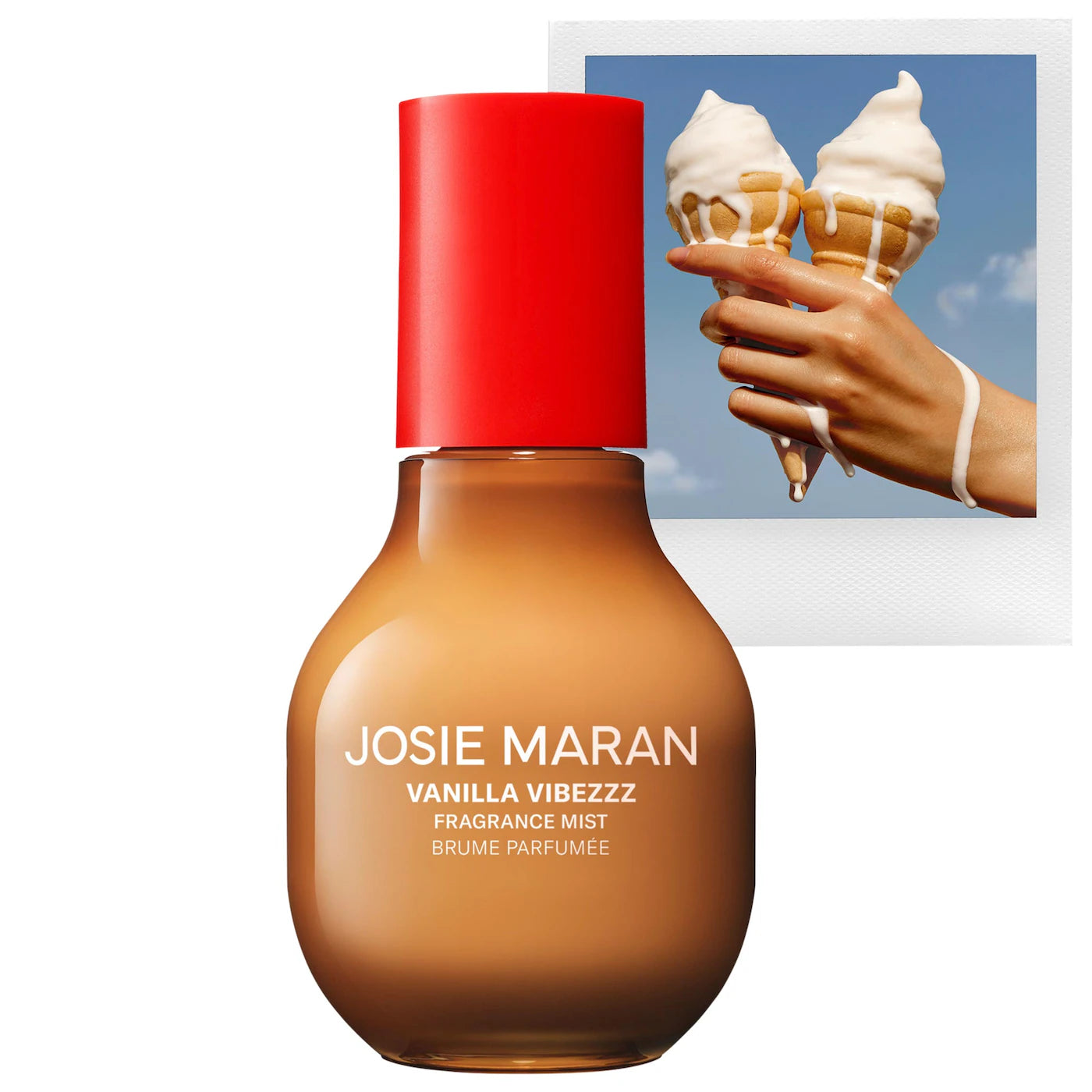 Josie Maran Vanilla Vibezzz fine fragrance mist Bath and Body Works in a brown bottle with red cap