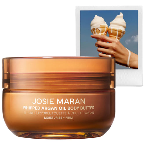 Josie Maran Whipped Argan Oil Body Butter in amber jar for deep moisturization and skin firming