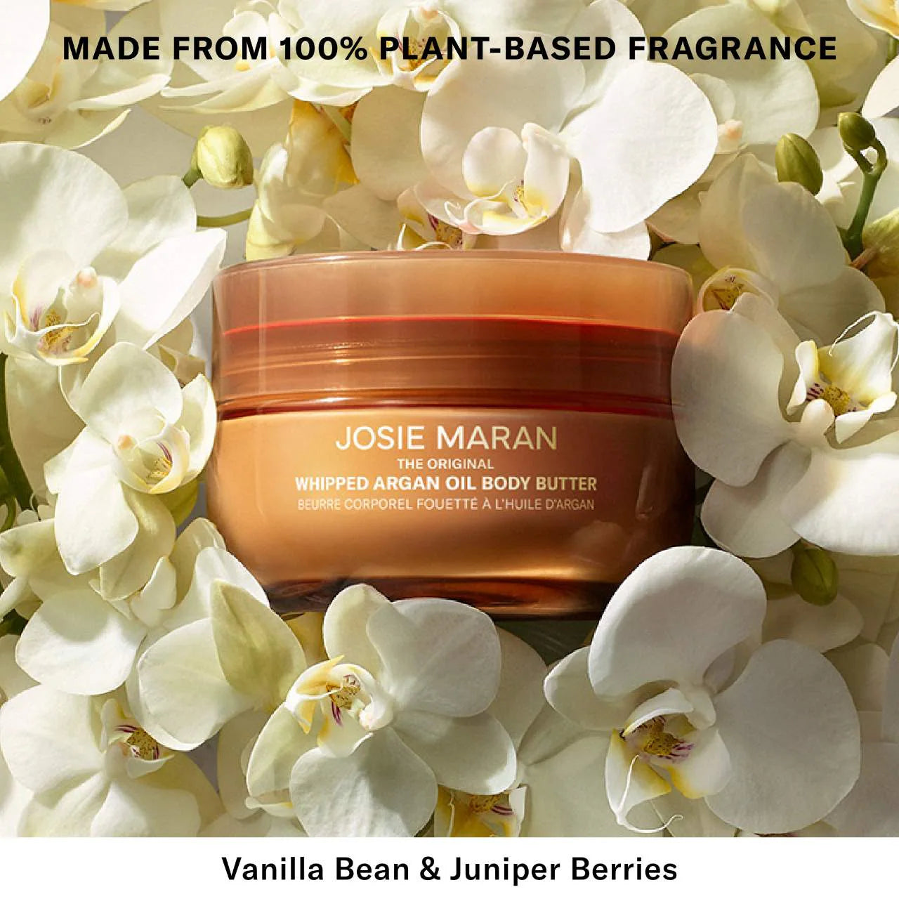 Josie Maran Vanilla Bean & Juniper Berries Whipped Argan Oil Body Butter in a floral setting
