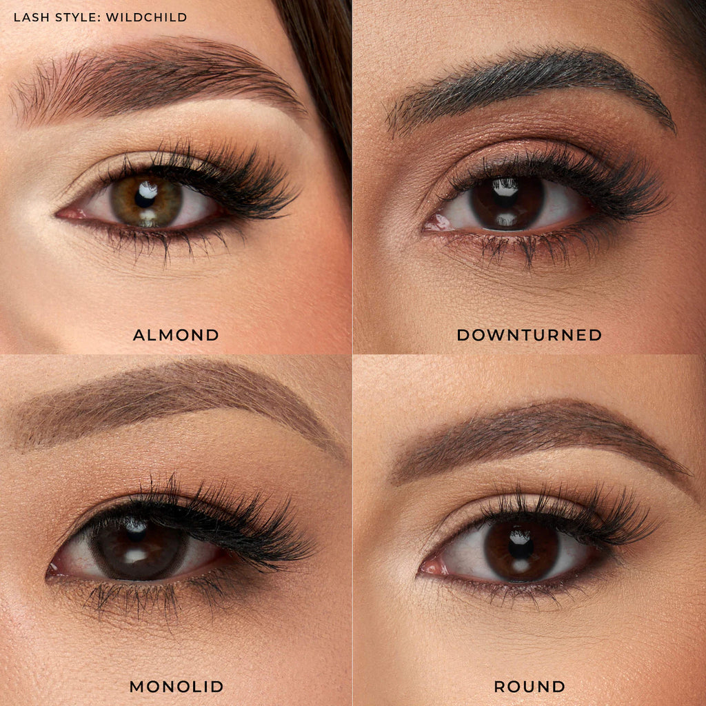 GlimmerPop Wildchild self-adhesive lashes showcased on four different eye shapes