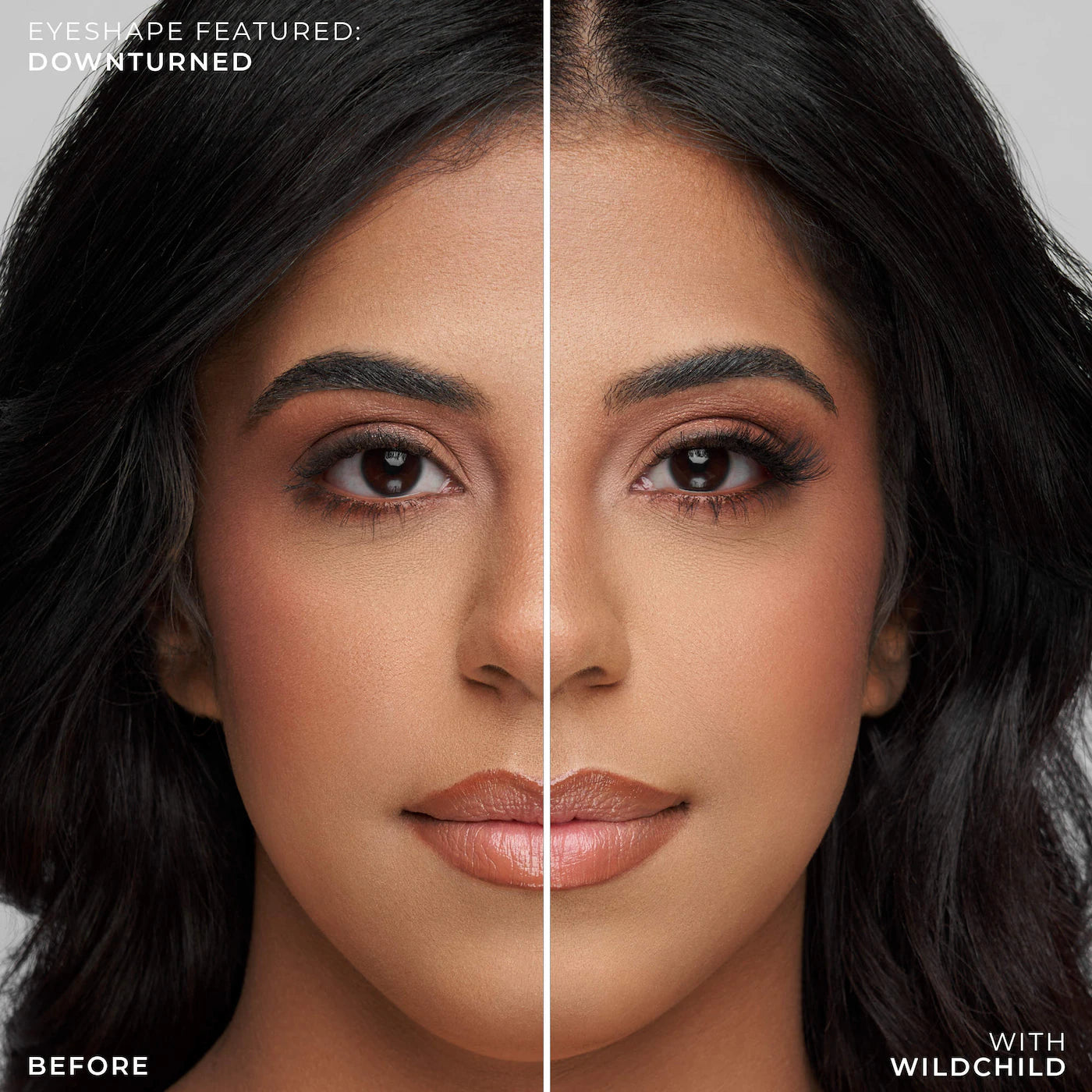 GlimmerPop Wildchild self-adhesive lashes enhancement for downturned eye shape before and after